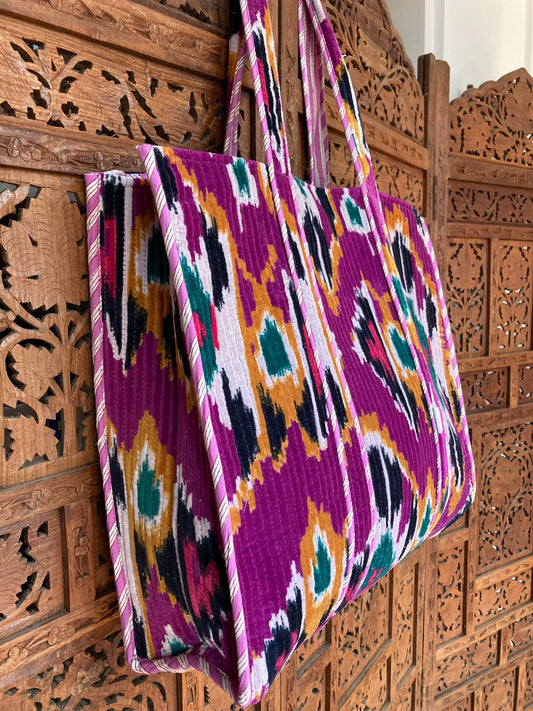 Cotton Velvet Tote Bag Purple Ikat