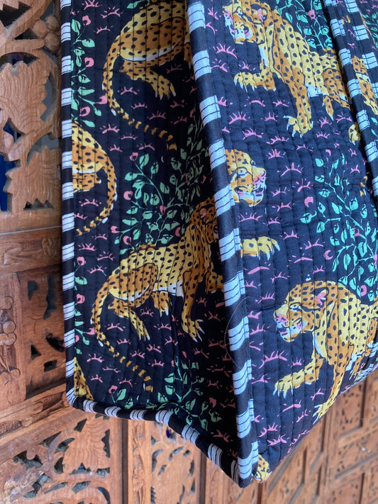 Cotton Block Print Tote Bag Black Leopards