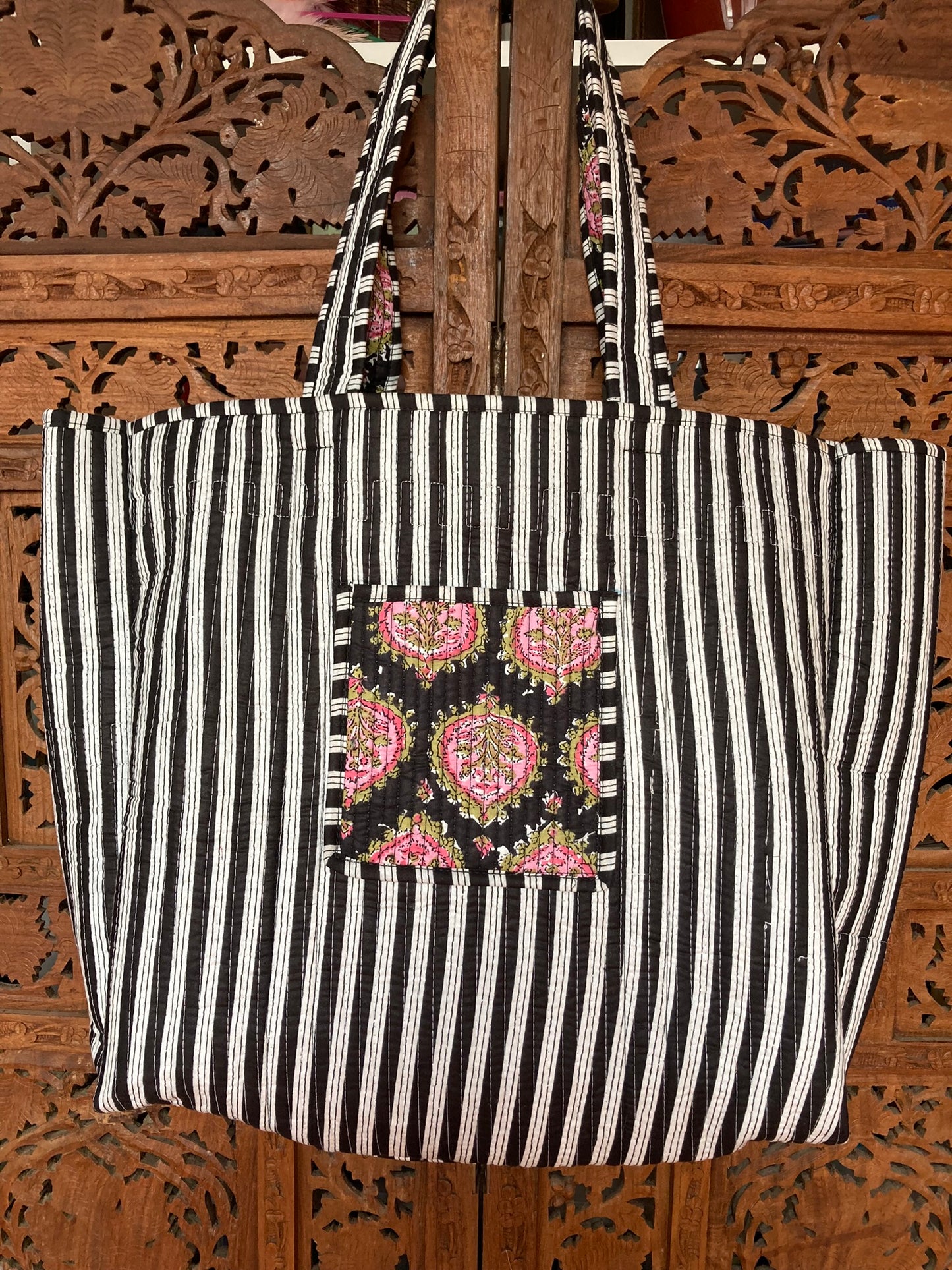 Cotton Block Print Tote Bag Black Pink Floral