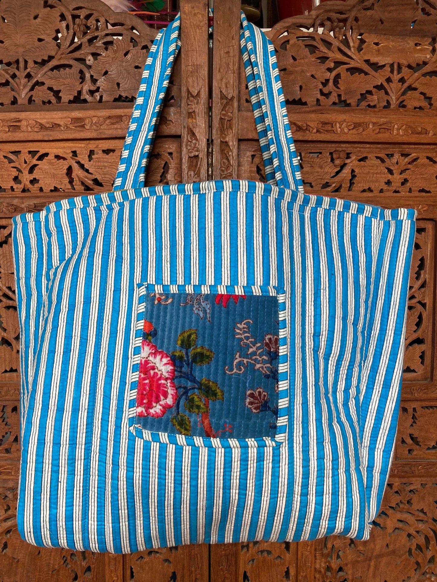 Cotton Velvet Tote Bag Blue Floral