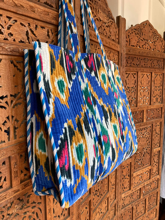 Cotton Velvet Tote Bag Blue Ikat