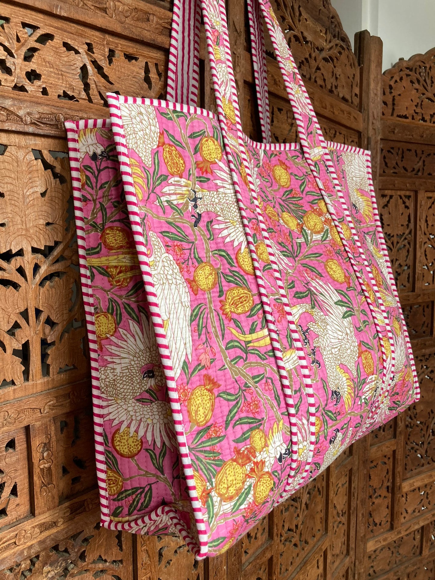 Cotton Block Print Tote Bag Pink Cockatoos