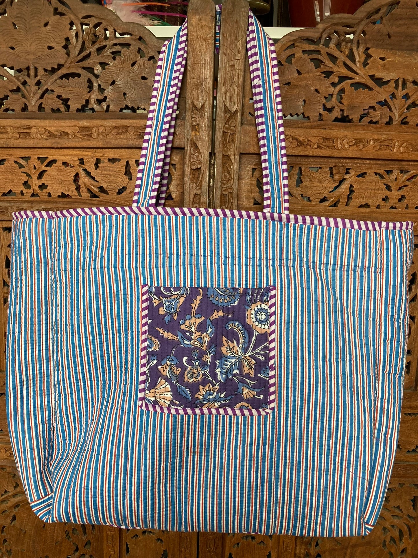 Cotton Block Print Tote Bag Purple Blue Floral