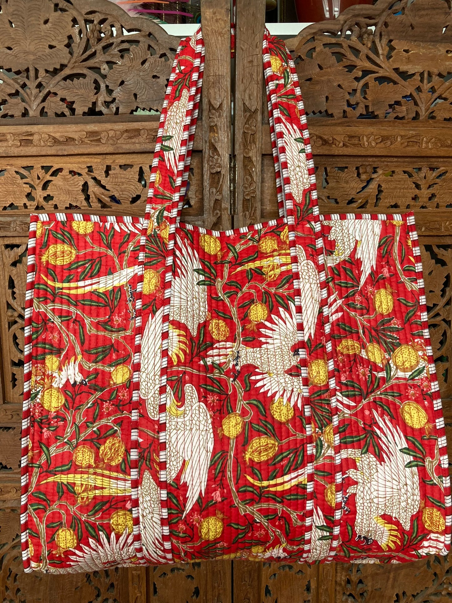 Cotton Block Print Tote Bag Red Cockatoos