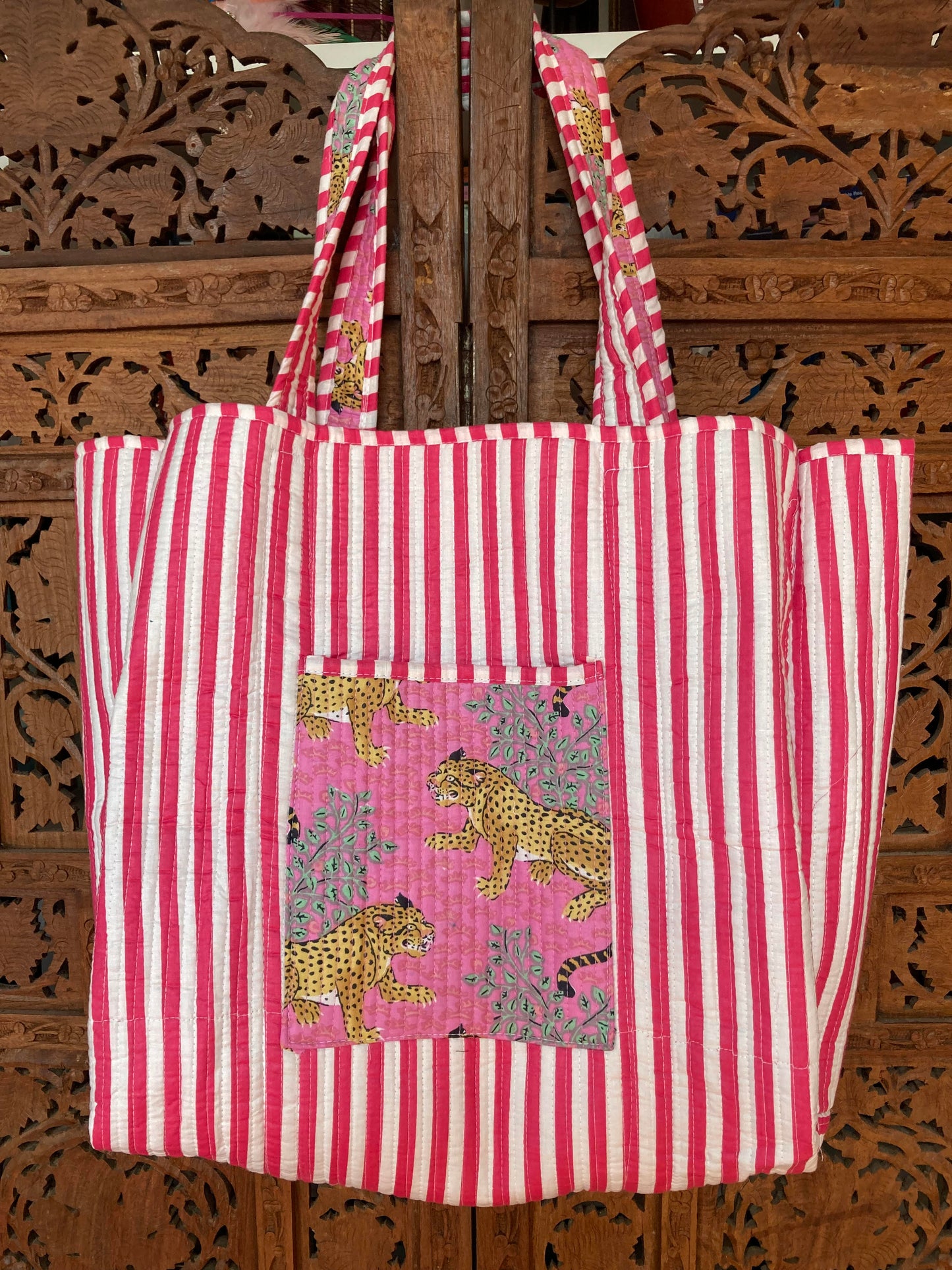 Cotton Block Print Tote Bag Pink Leopards