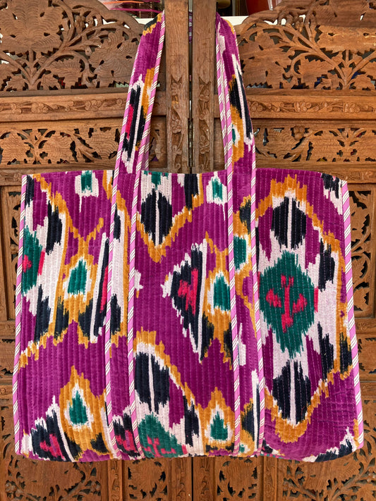 Cotton Velvet Tote Bag Purple Ikat