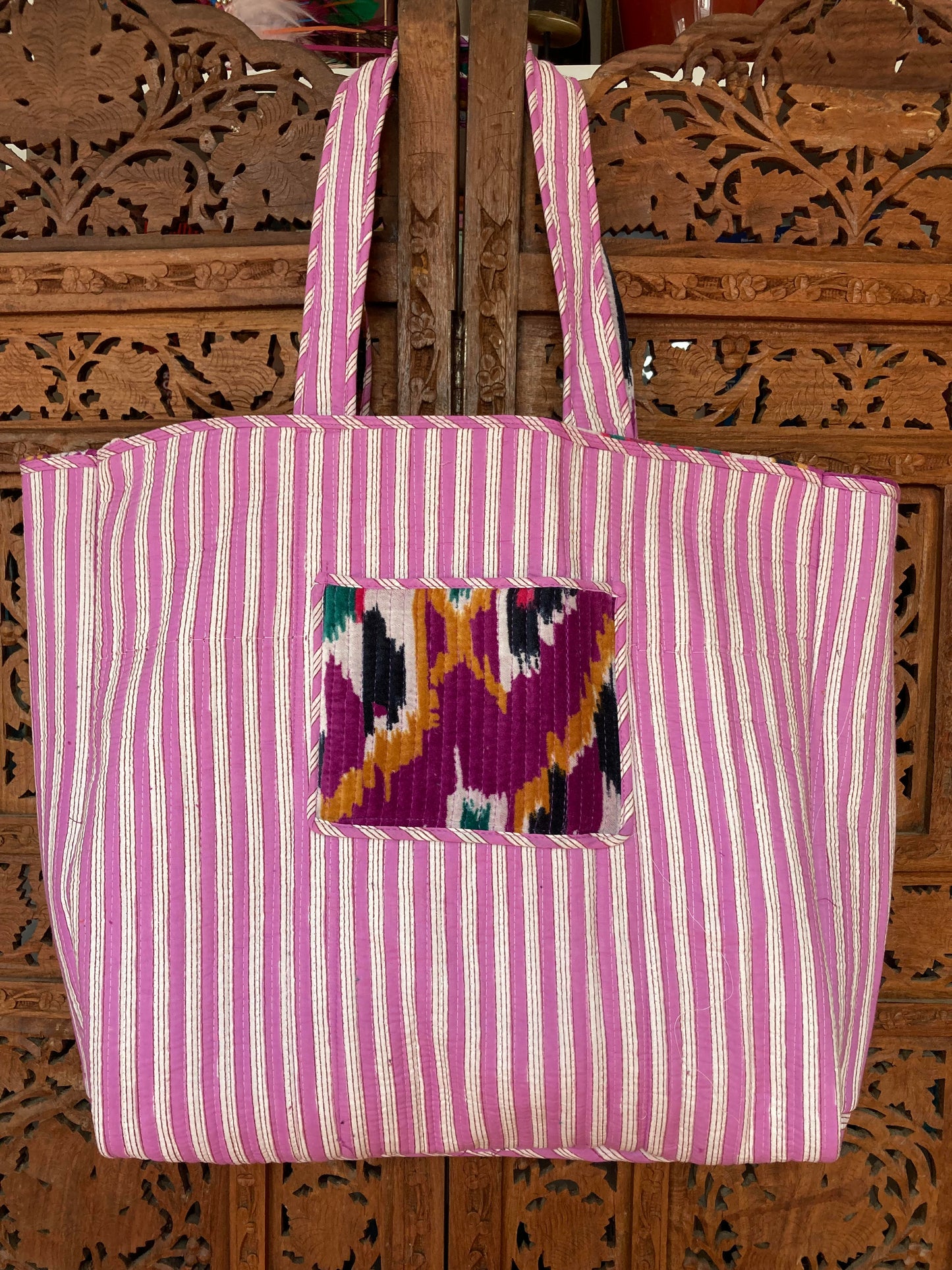 Cotton Velvet Tote Bag Purple Ikat