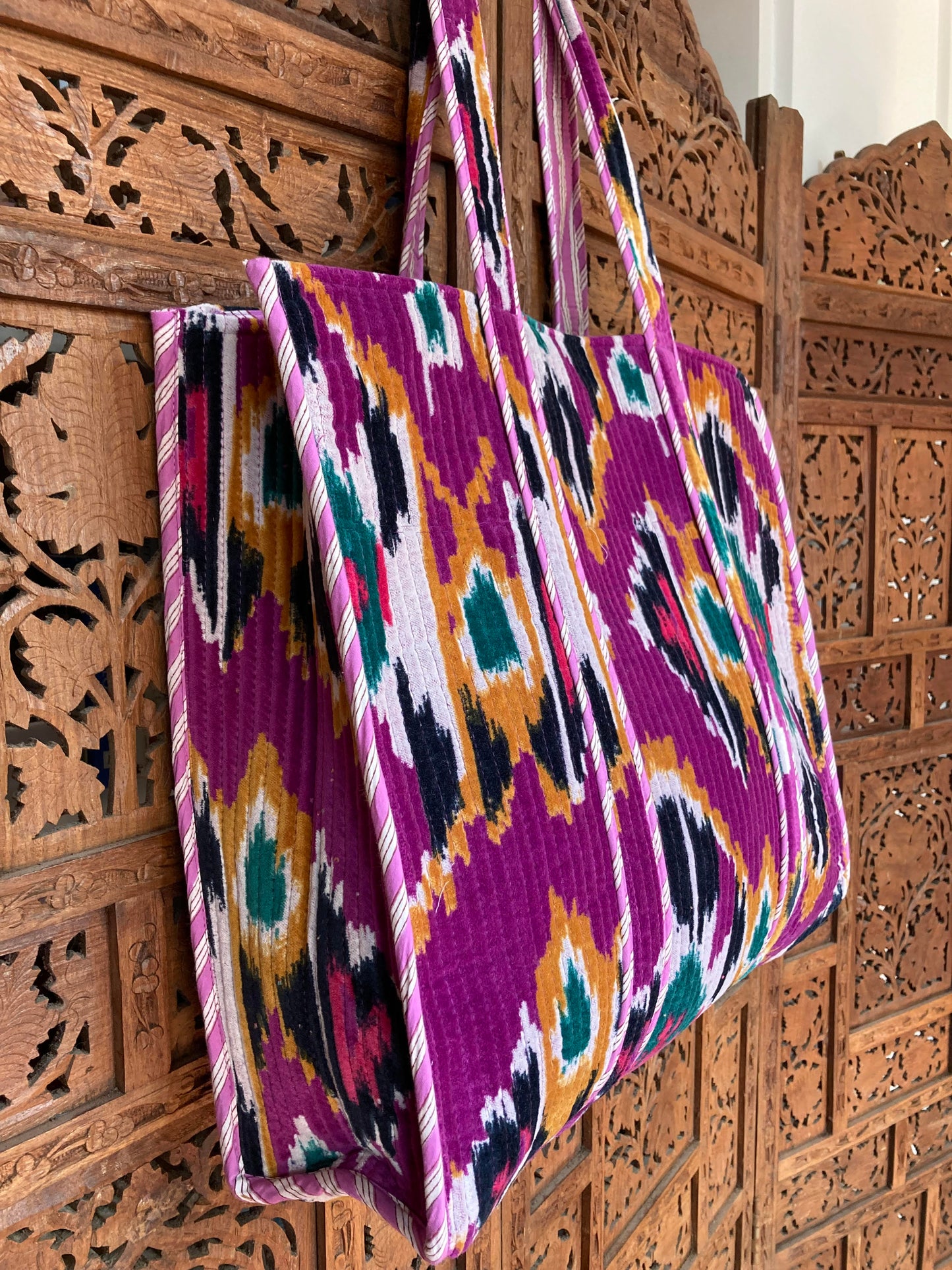 Cotton Velvet Tote Bag Purple Ikat