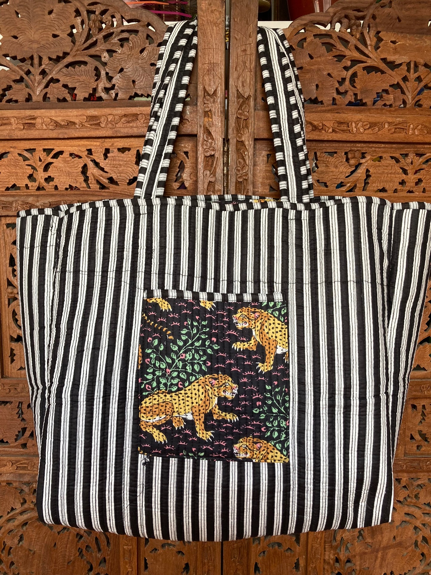 Cotton Block Print Tote Bag Black Leopards