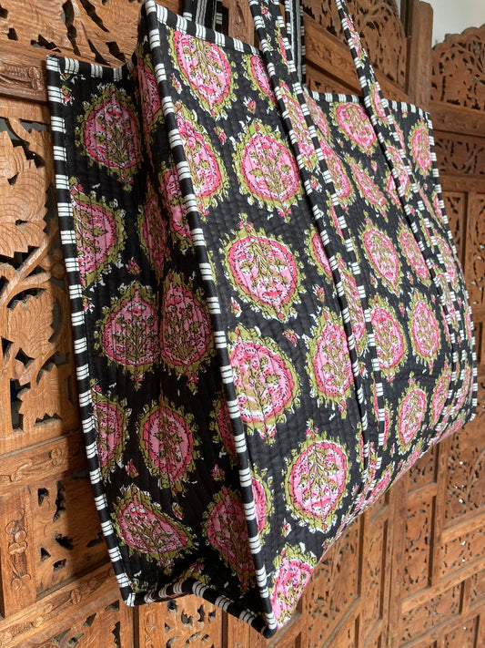 Cotton Block Print Tote Bag Black Pink Floral