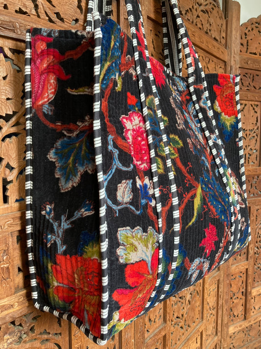 Cotton Velvet Tote Bag Balck Floral