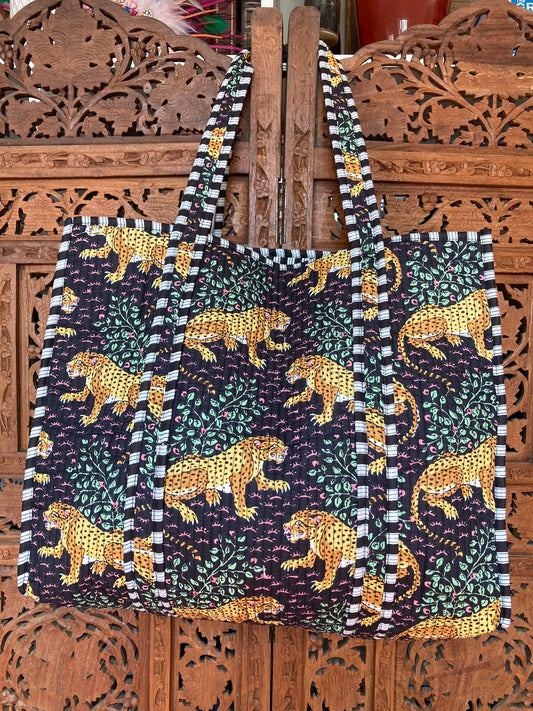 Cotton Block Print Tote Bag Black Leopards