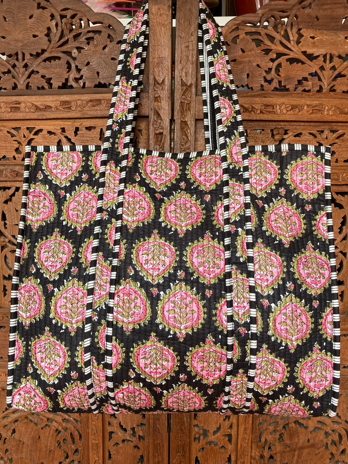 Cotton Block Print Tote Bag Black Pink Floral