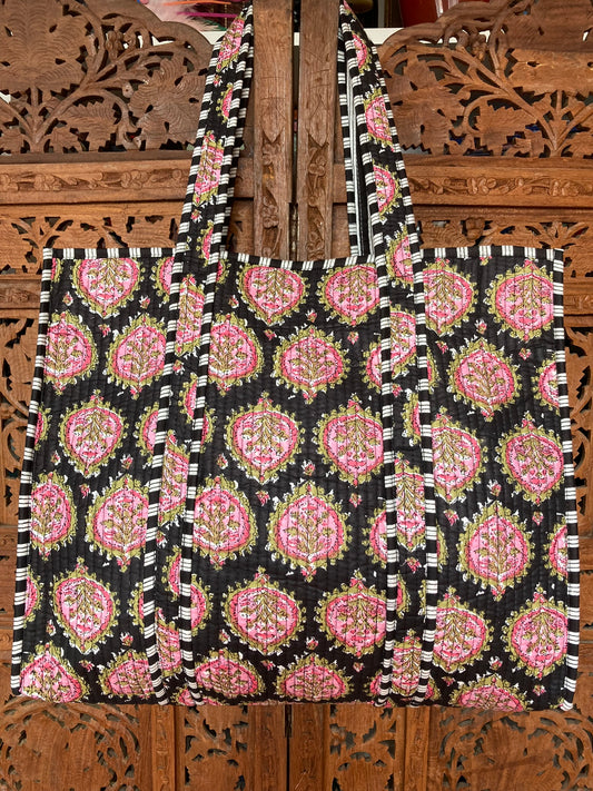 Cotton Block Print Tote Bag Black Pink Floral
