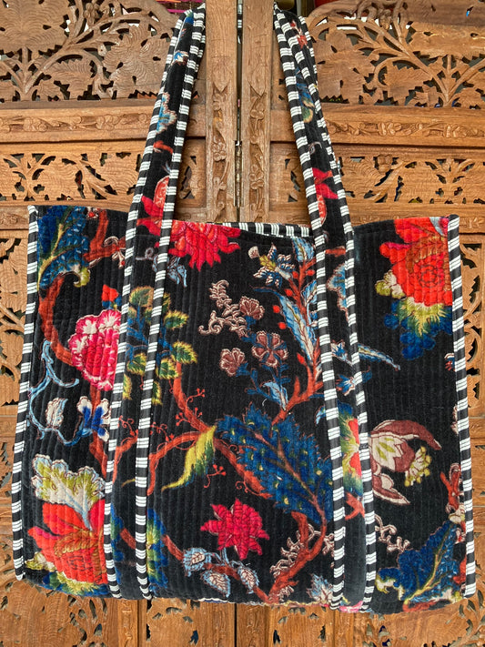 Cotton Velvet Tote Bag Balck Floral