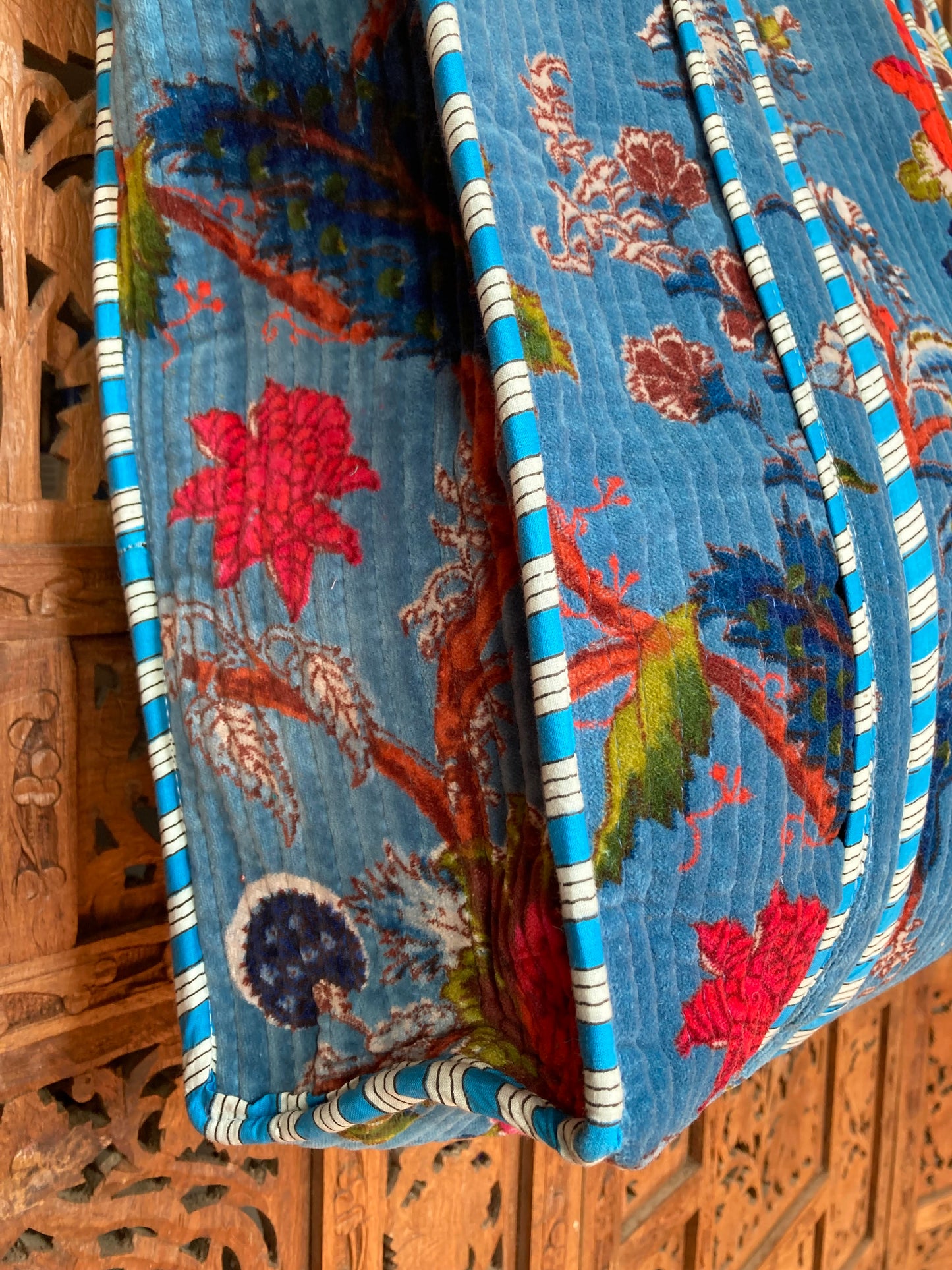 Cotton Velvet Tote Bag Blue Floral