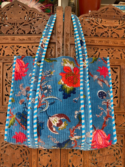 Cotton Velvet Tote Bag Blue Floral