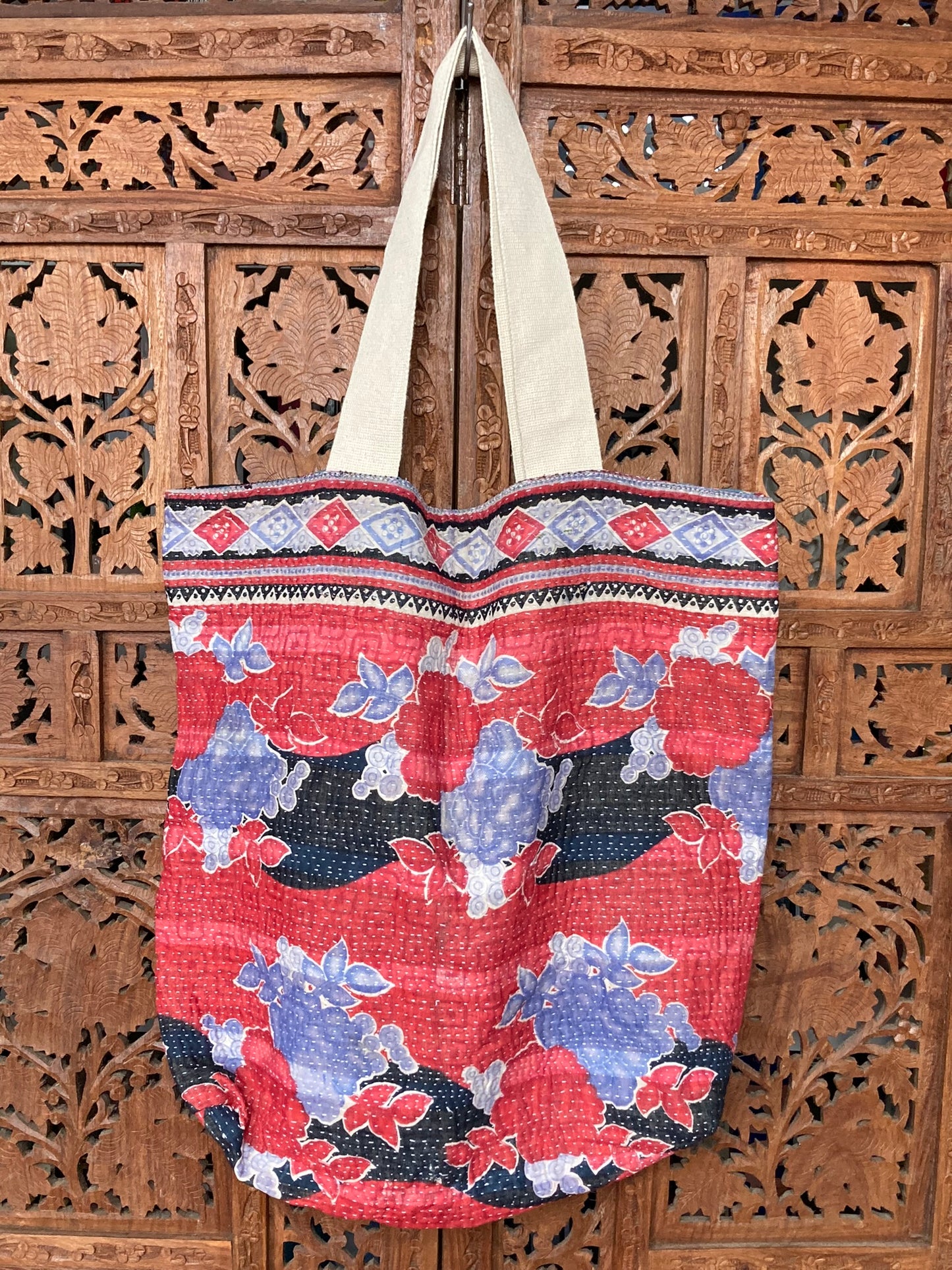 Vintage Kantha Tote Bag Red Blue