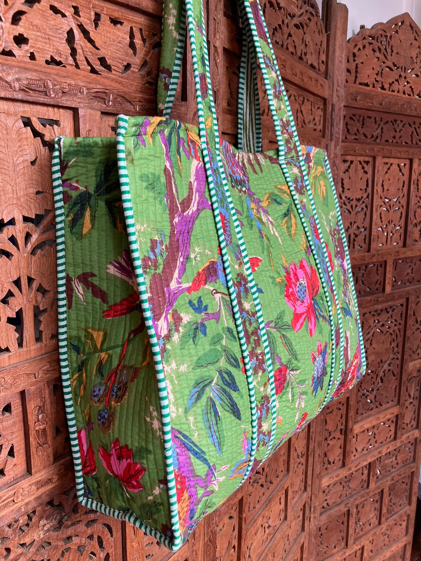 Cotton Velvet Tote Bag Green Birds