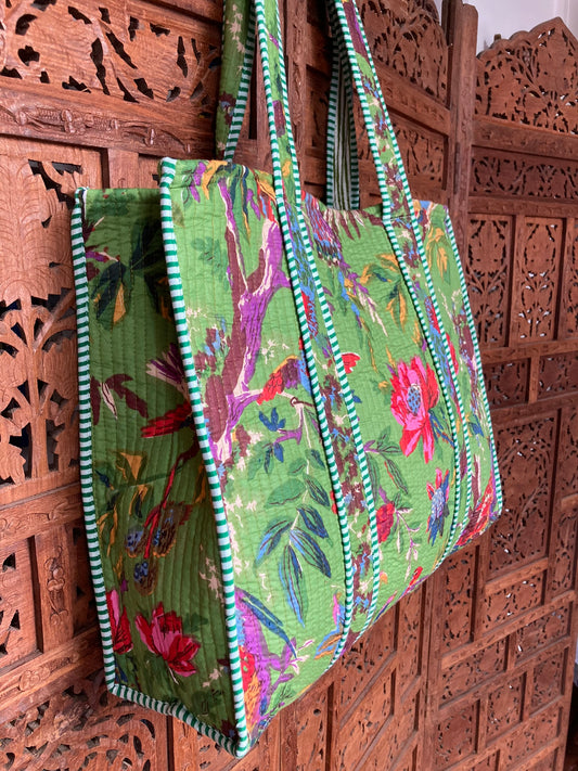 Cotton Velvet Tote Bag Green Birds