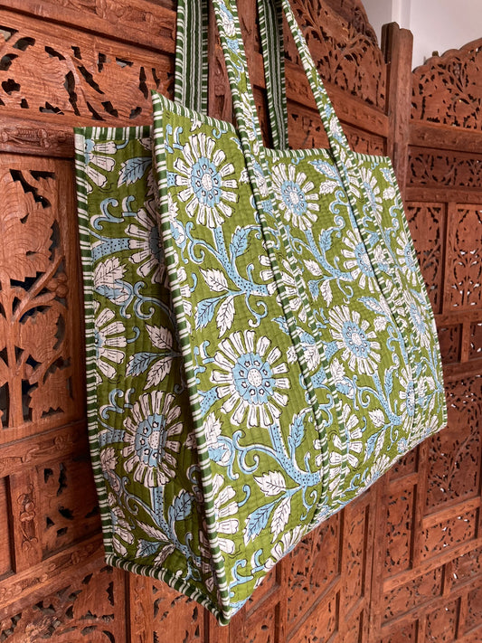 Cotton Block Print Tote Bag Green Floral