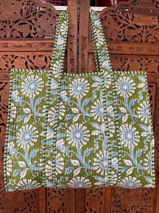 Cotton Block Print Tote Bag Green Floral