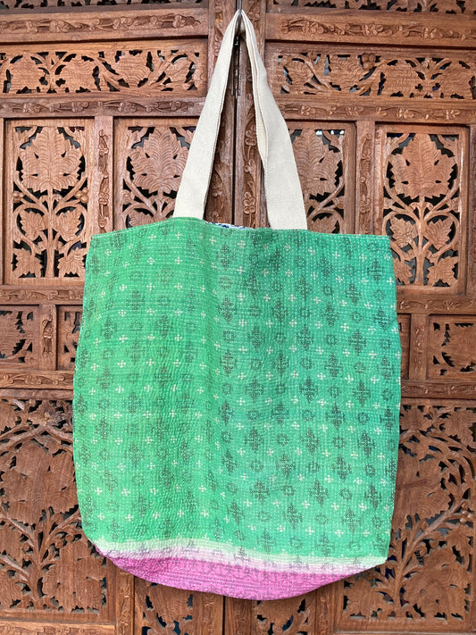 Vintage Kantha Tote Bag Green/ Pink