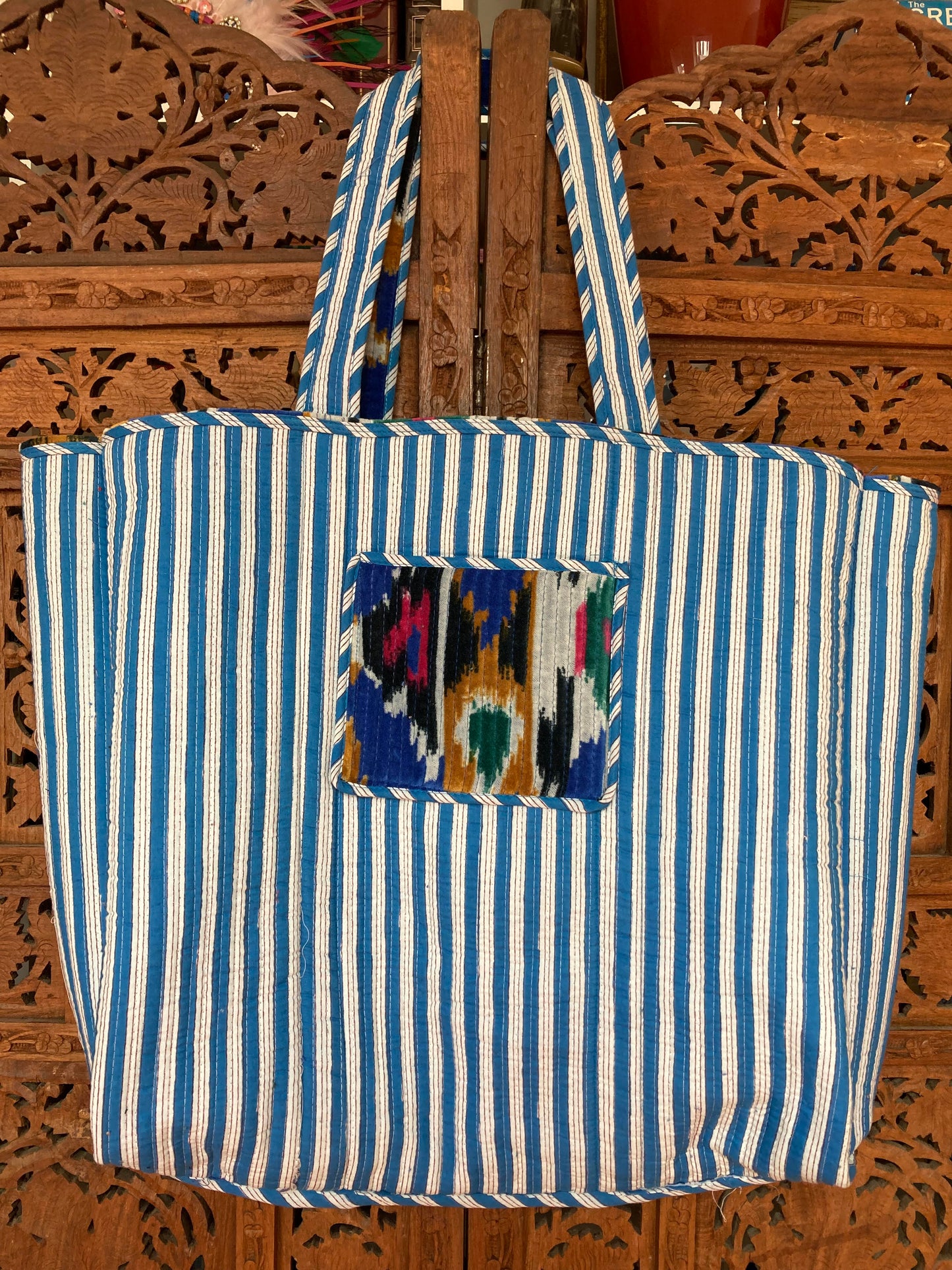 Cotton Velvet Tote Bag Blue Ikat