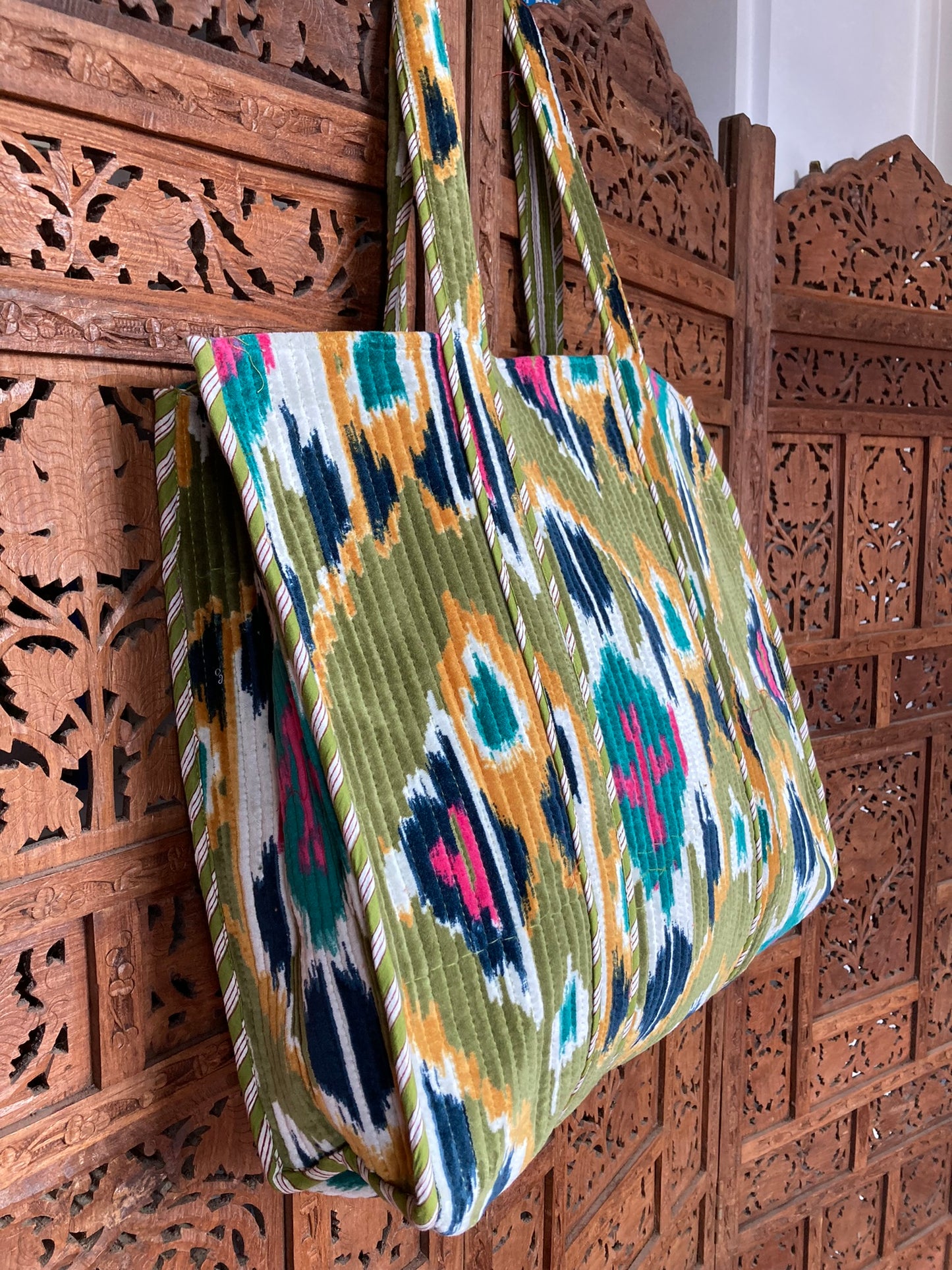 Cotton Velvet Tote Bag Green Ikat