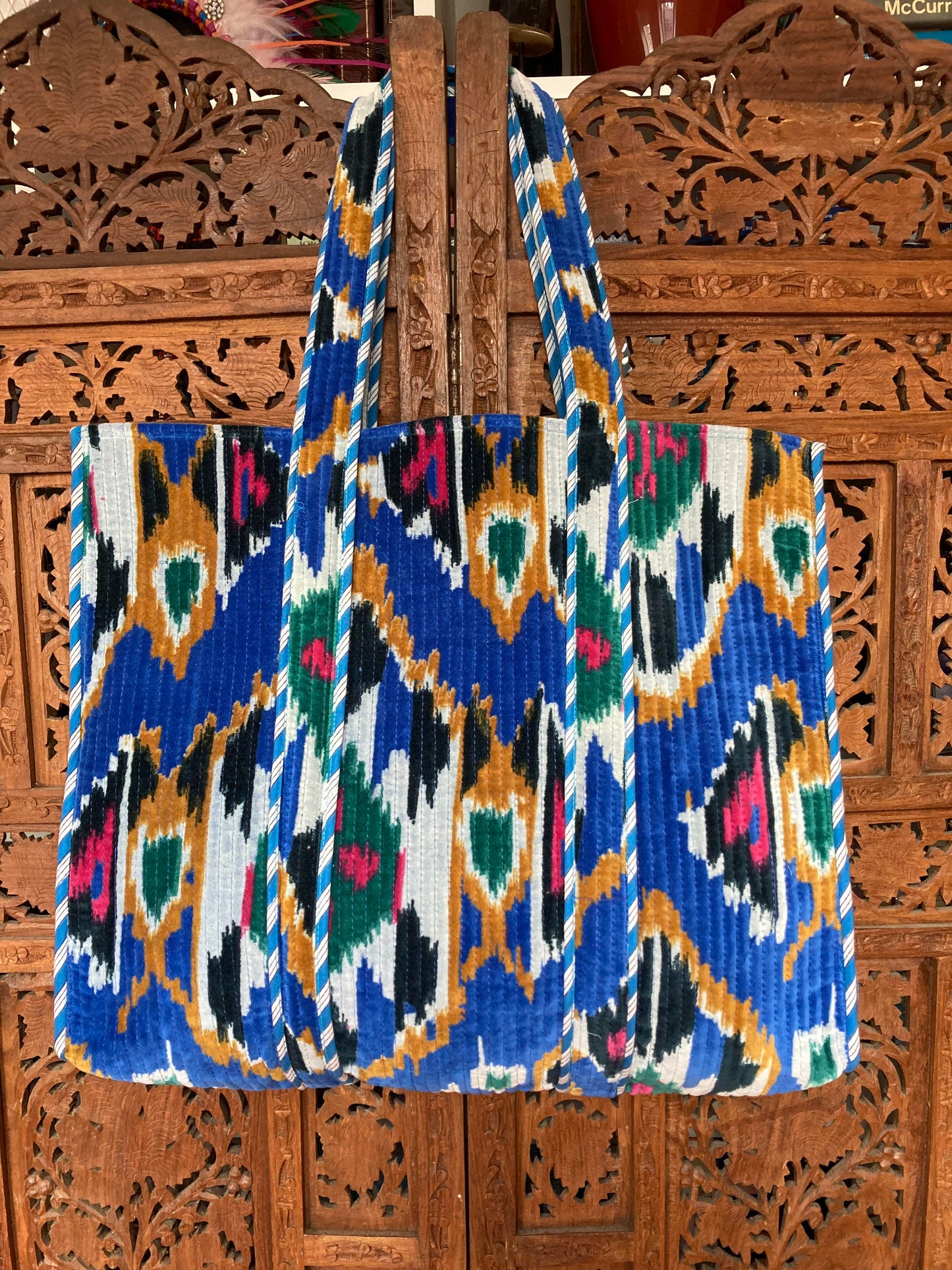 Cotton Velvet Tote Bag Blue Ikat