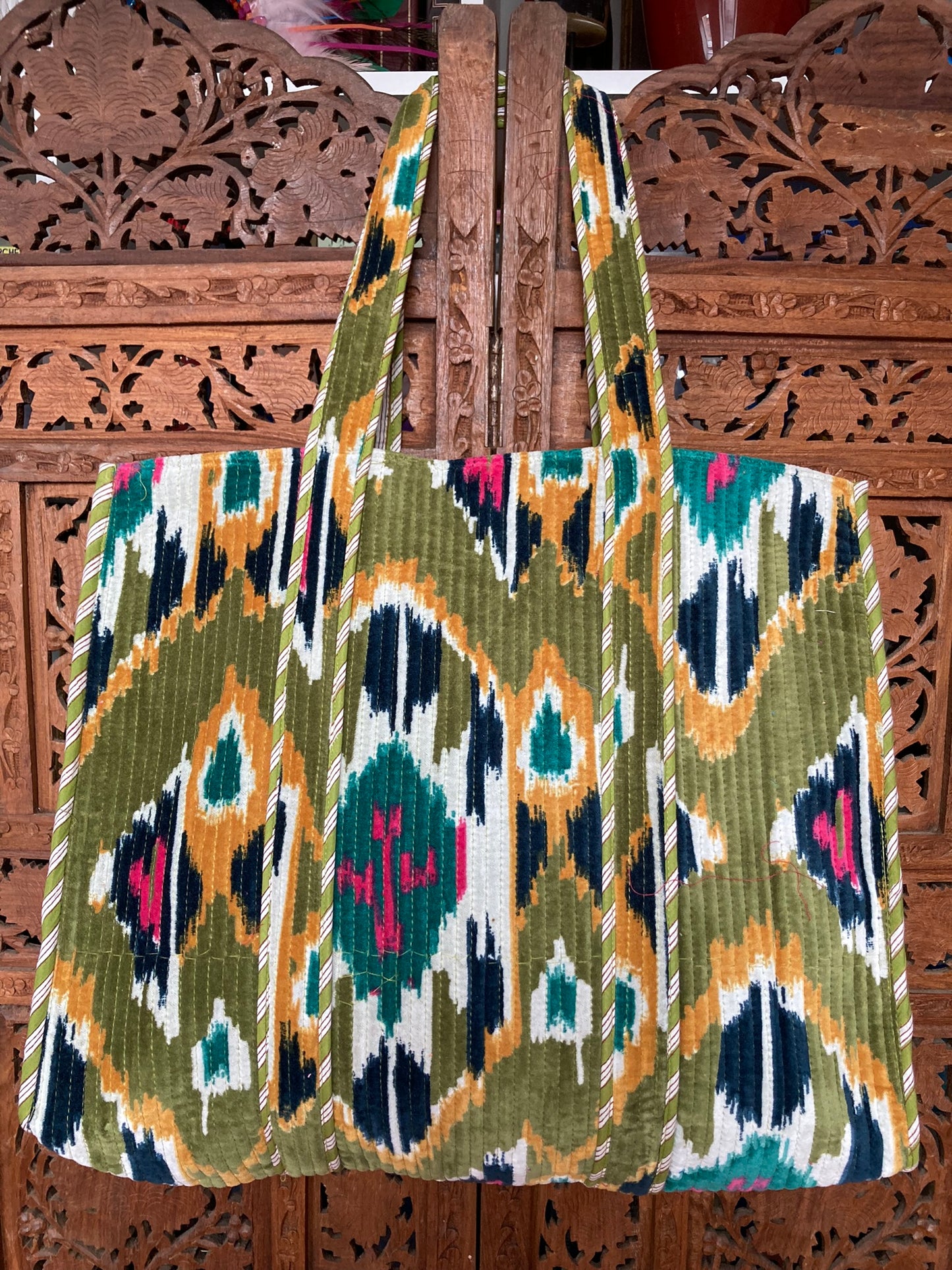 Cotton Velvet Tote Bag Green Ikat