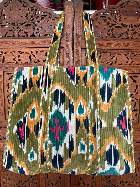 Cotton Velvet Tote Bag Green Ikat