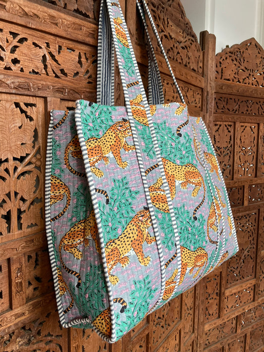 Cotton Block Print Tote Bag Pale Blue Leopards