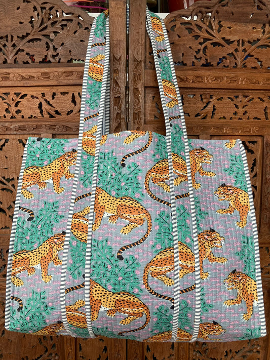 Cotton Block Print Tote Bag Pale Blue Leopards