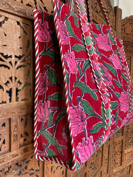 Cotton Velvet Tote Bag Red/ Pink Floral