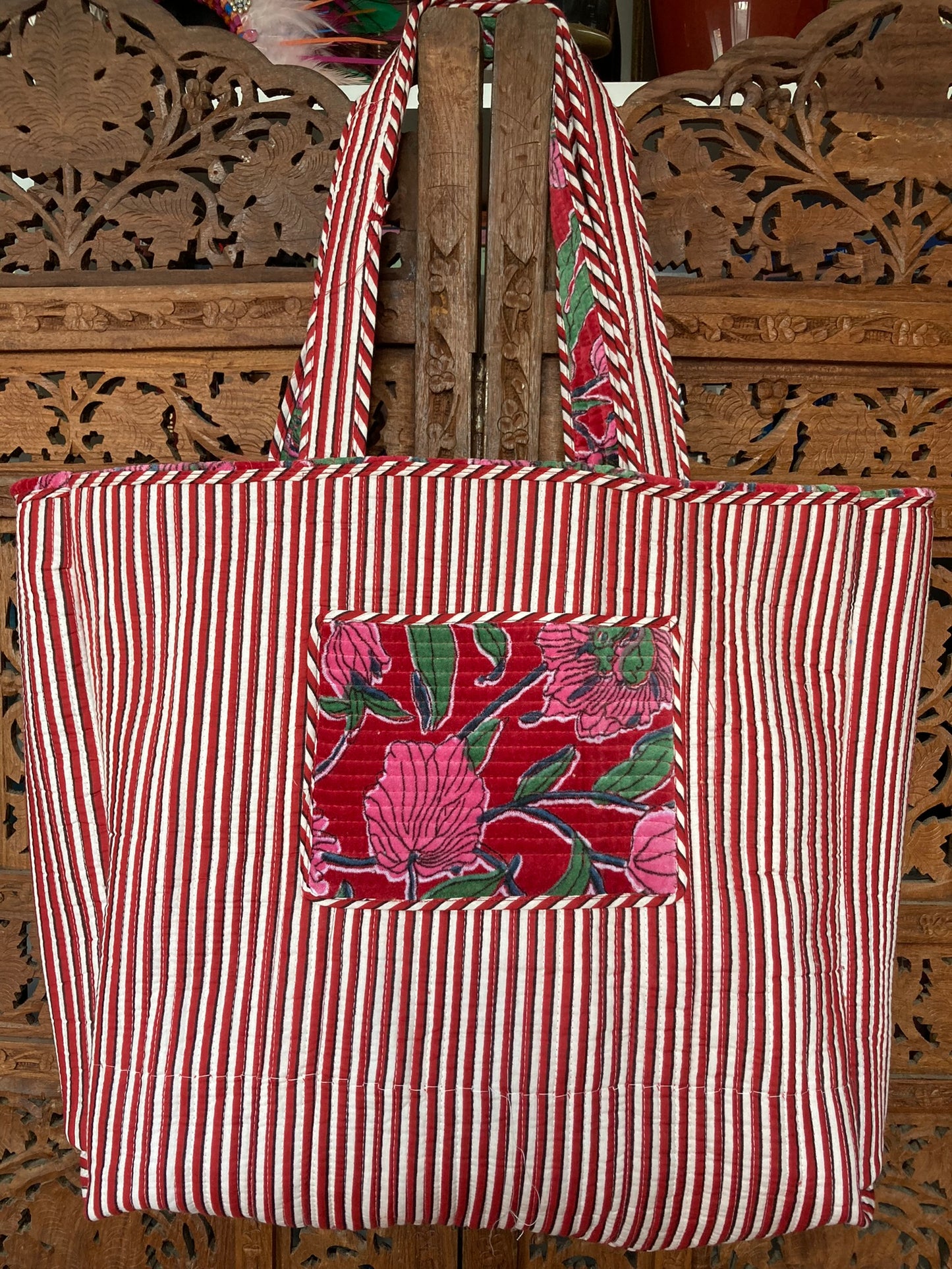 Cotton Velvet Tote Bag Red/ Pink Floral
