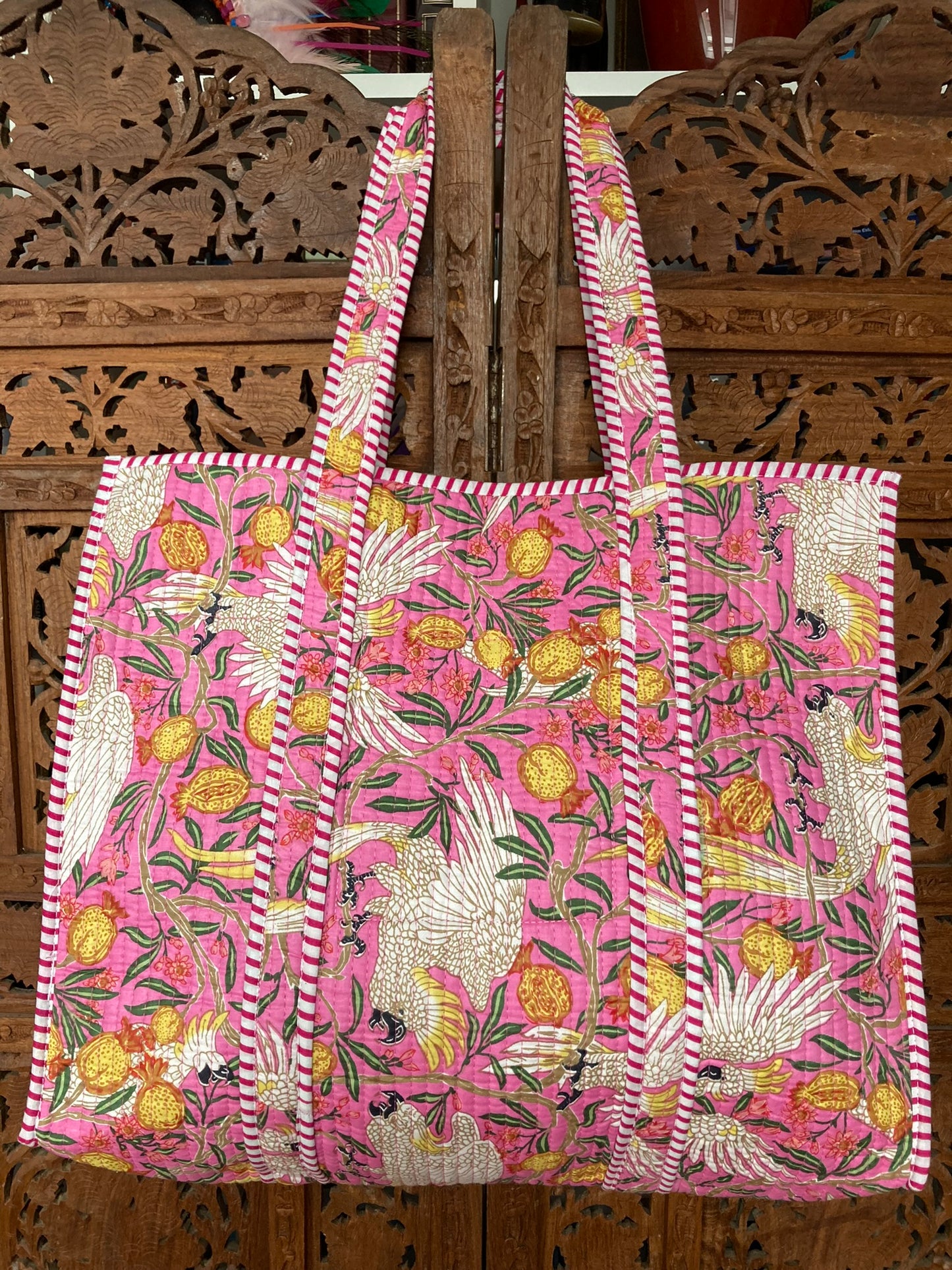 Cotton Block Print Tote Bag Pink Cockatoos