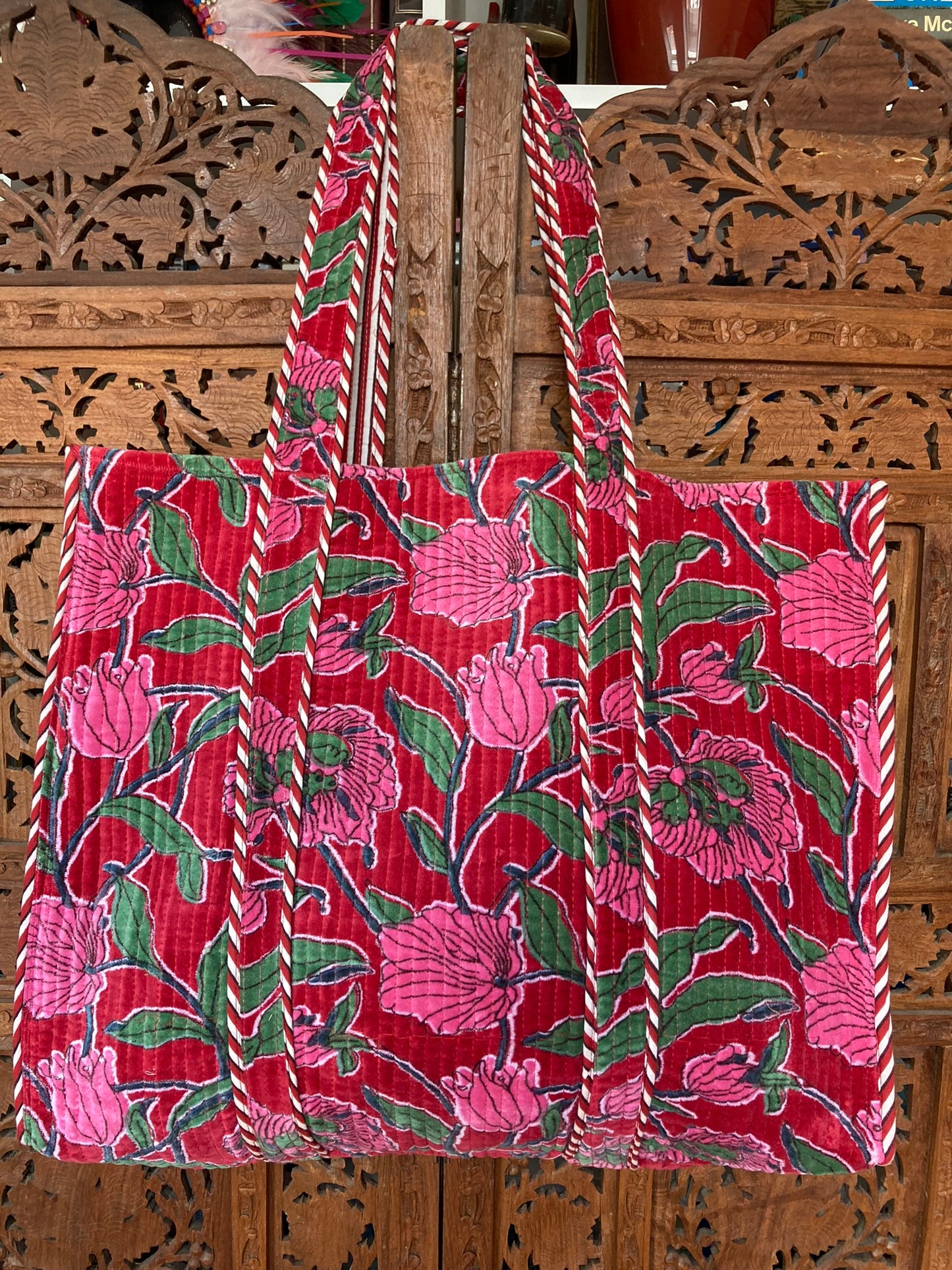 Cotton Velvet Tote Bag Red/ Pink Floral