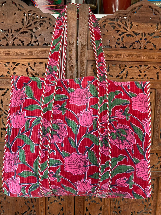 Cotton Velvet Tote Bag Red/ Pink Floral