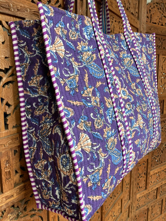 Cotton Block Print Tote Bag Purple Blue Floral