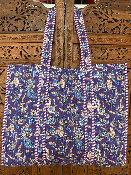 Cotton Block Print Tote Bag Purple Blue Floral