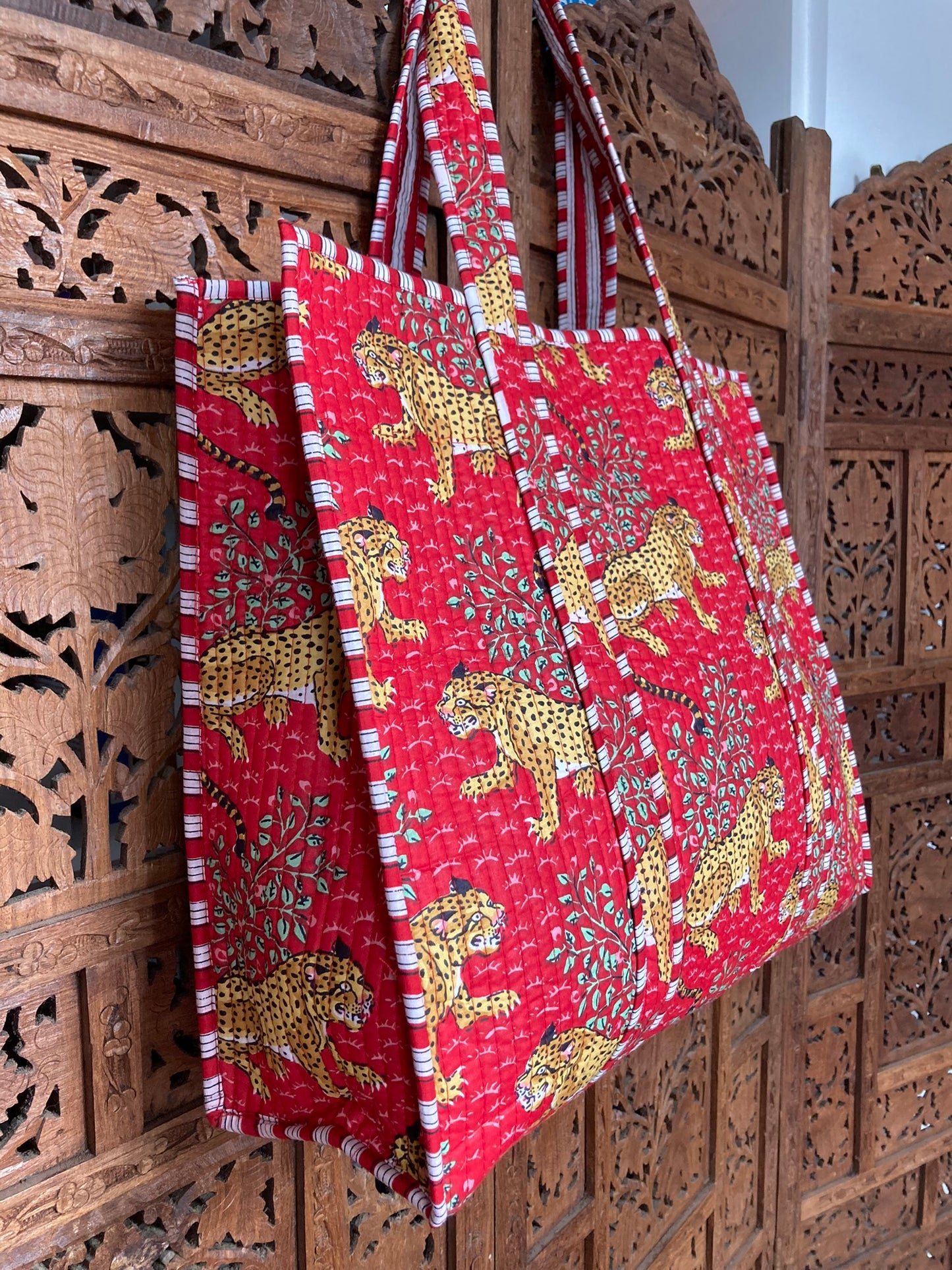 Cotton Block Print Tote Bag Red Leopards