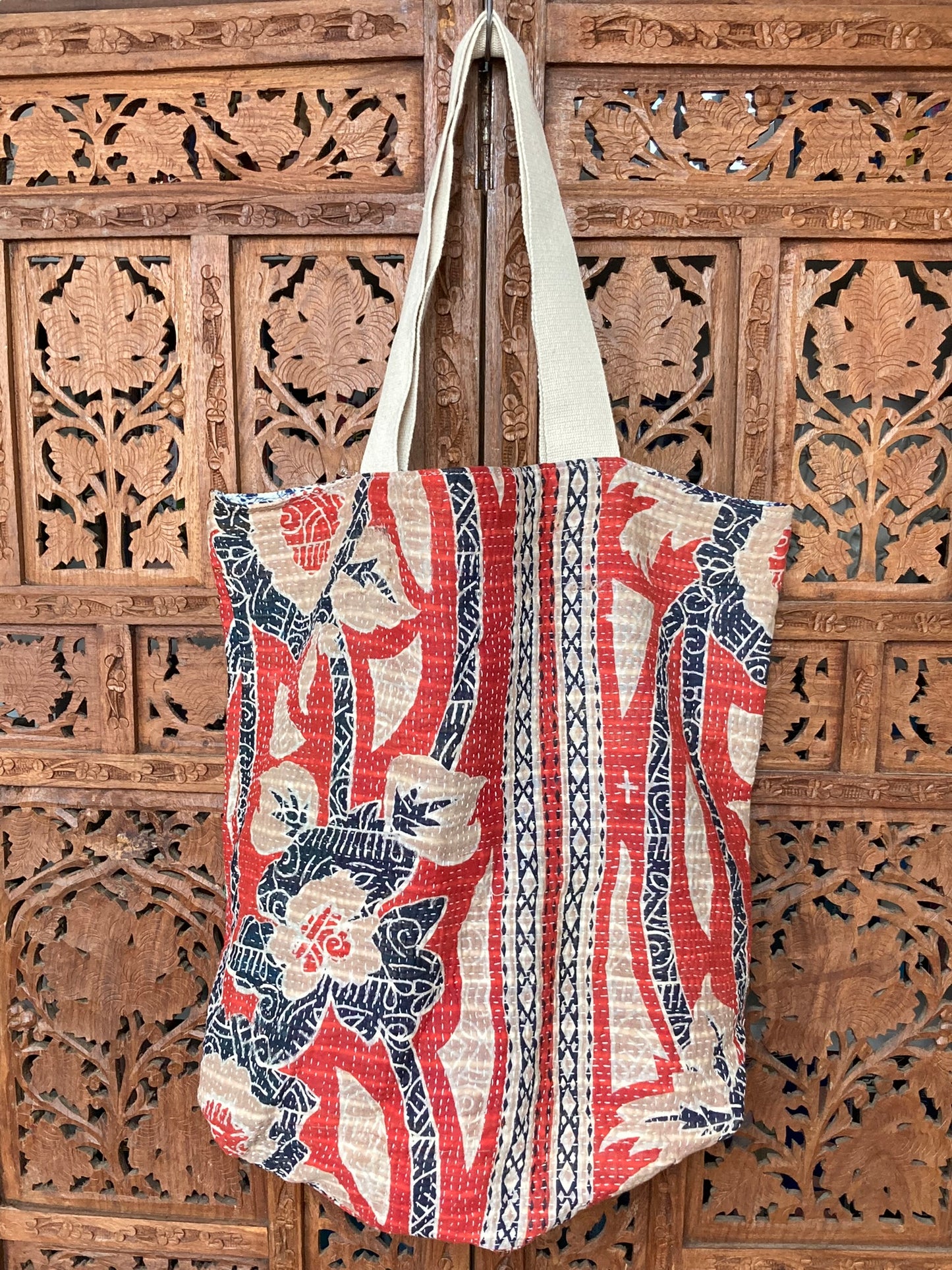 Vintage Kantha Tote Bag - Blue & Red