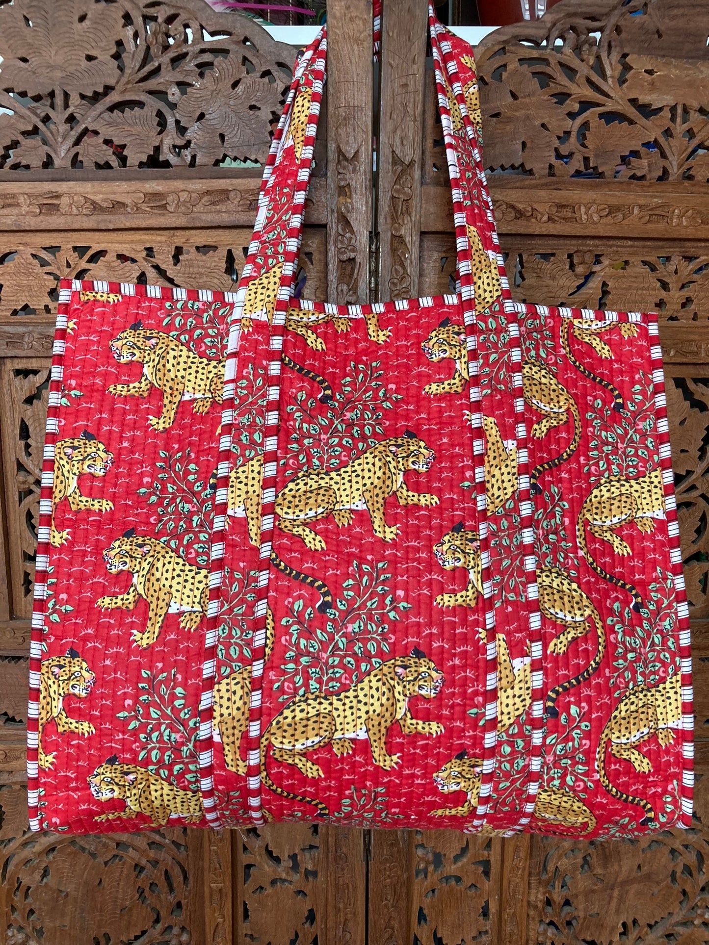 Cotton Block Print Tote Bag Red Leopards