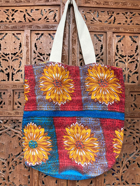 Vintage Kantha Tote Bag Yellow Sunflower