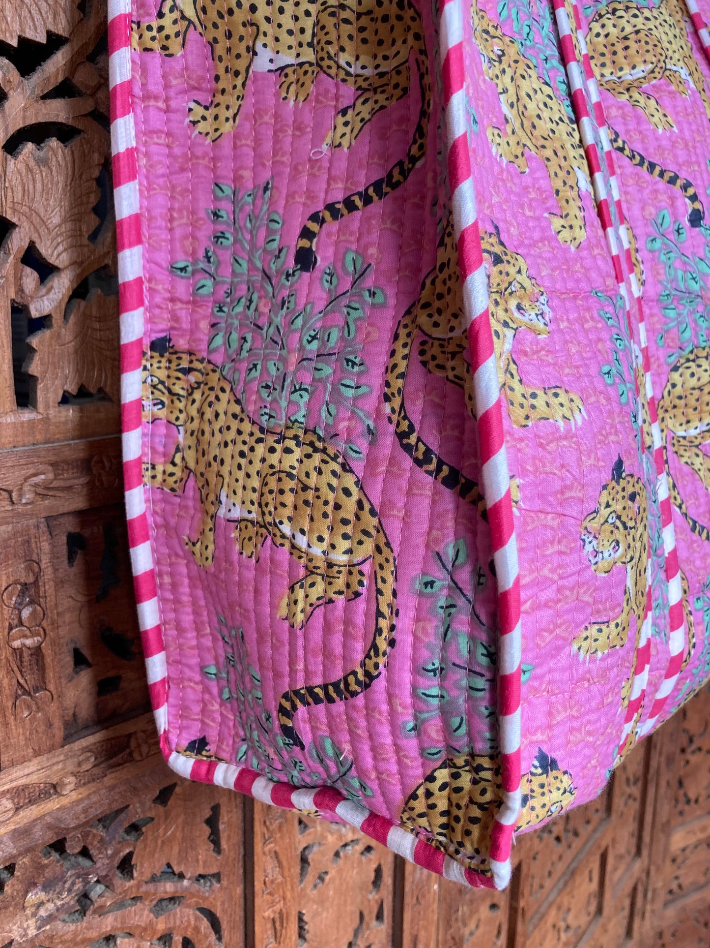 Cotton Block Print Tote Bag Pink Leopards