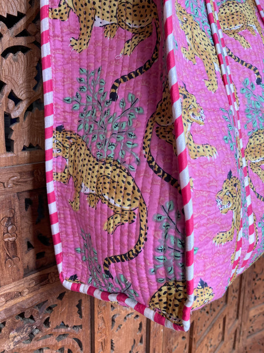 Cotton Block Print Tote Bag Pink Leopards