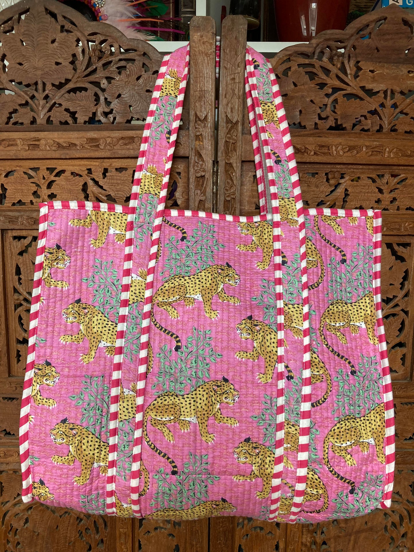 Cotton Block Print Tote Bag Pink Leopards