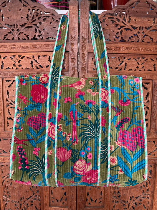 Cotton Velvet Tote Bag Green Birds